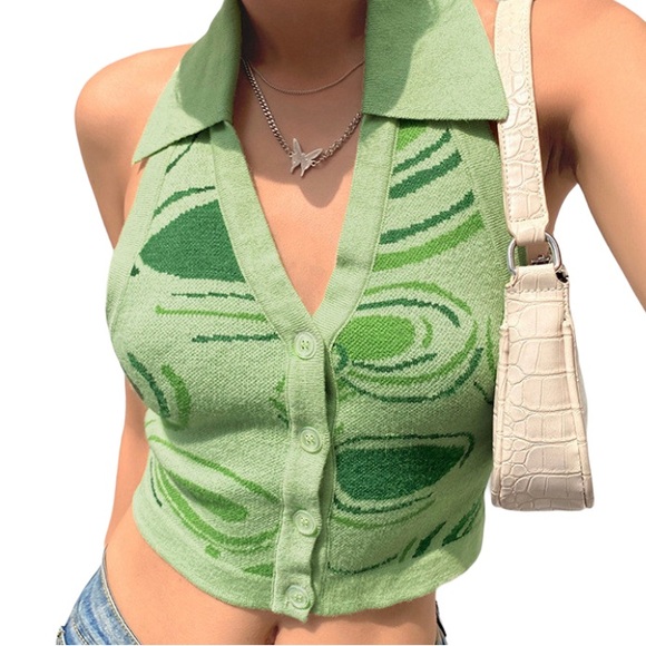 Tops - Y2K Style Green Knit Vest Crop Top Size Extra Small Abstract Artsy Halter